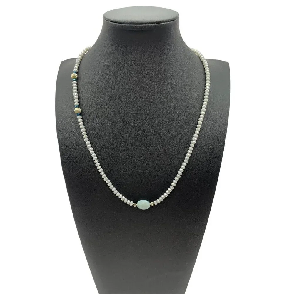 Vintage Stretch Necklace Gemstone Amazonite? Blue Green Grey AB Beads‎ Retro
